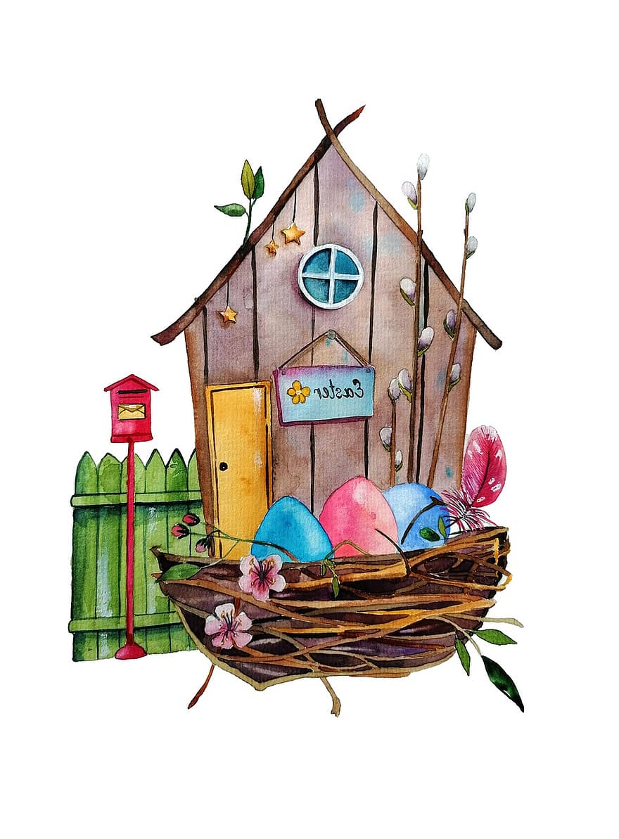 primavera, birdhouse, decorazione, natura, acquerello, legna, Casa, casa, Pasqua, fiore, carta