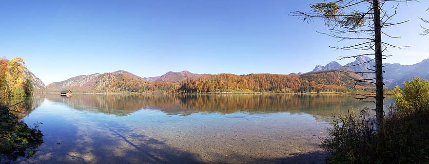 lago, montagne, riflessione, Lago Alm, Almsee, lago di montagna, acqua, catena montuosa, natura, scenario, panoramico
