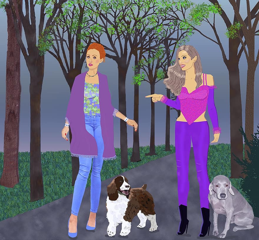 femei frumoase, Câine Springer Spaniel Englez, câine greu, copaci, natură