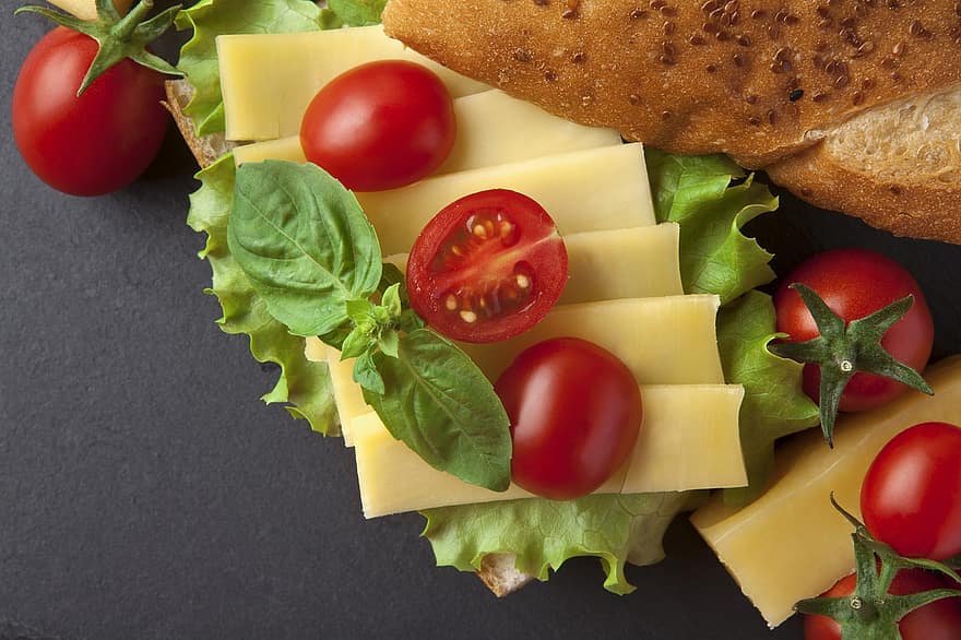 szendvics, gyors kaja, sajt, cheddar sajt, paradicsom, kenyér, finom, étkezés, élelmiszer, frissesség, ínyenc