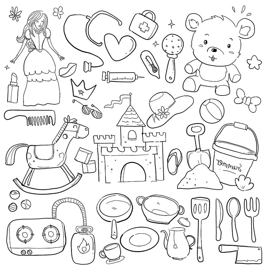 kūdikis, ranka, eskizas, nupieštas, žaislas, doodle, žaislai, mergina, lėlė, vaikas, nustatyti