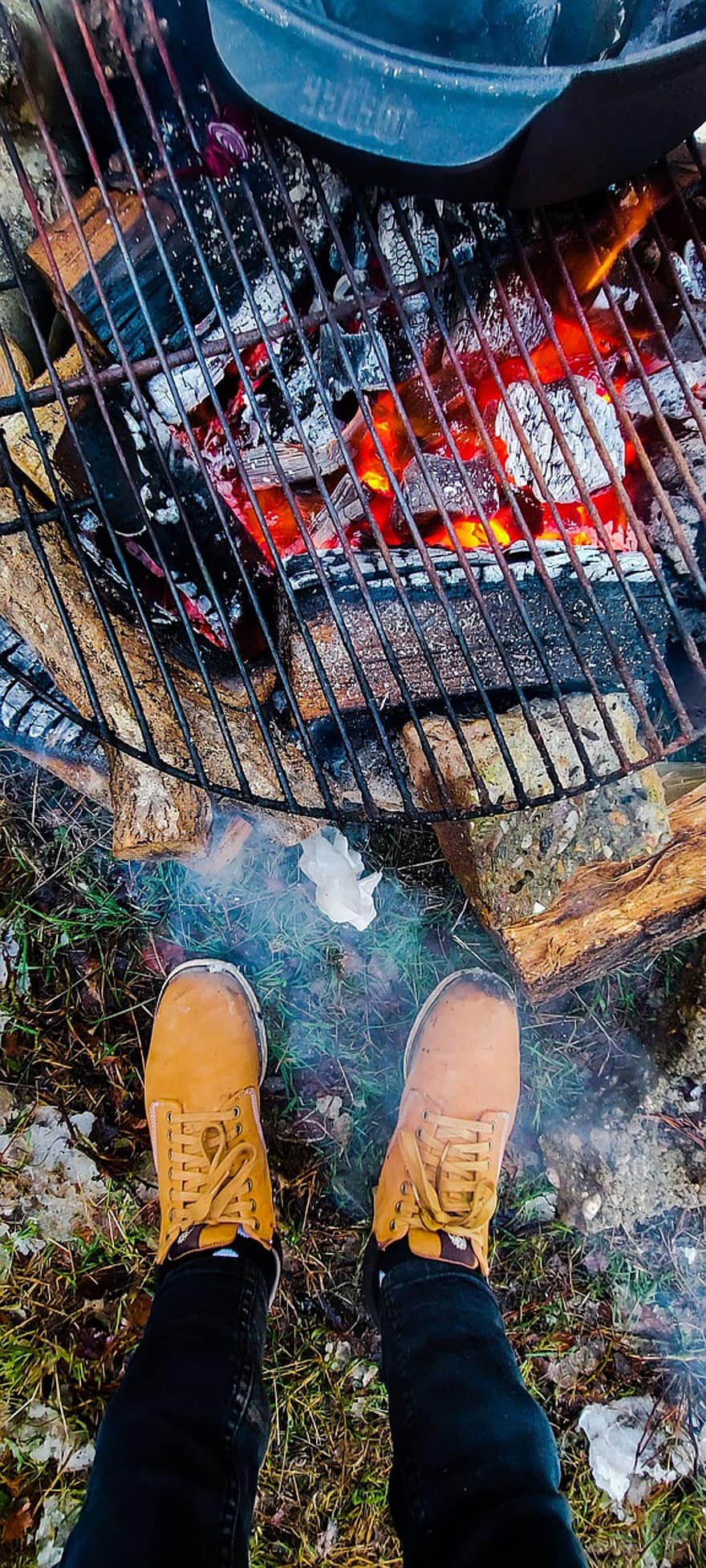Fire, Coal, Boots, Timberlands, Wood, Firewood, Barbecue, Grill, Grilling, Shoes, Footwear