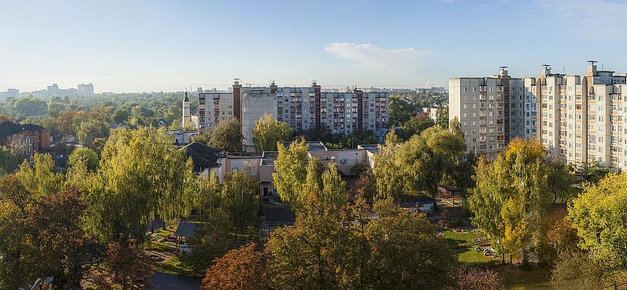 Buildings, Complex, Neighborhood, City, Dawn, Home, High-rises, Weather, Yard, Exterior, Soviet Architecture