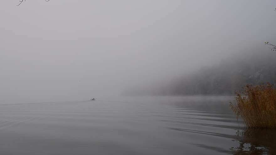 природа, озеро, осень, время года, туман, лодка, путешествовать, исследование, на открытом воздухе