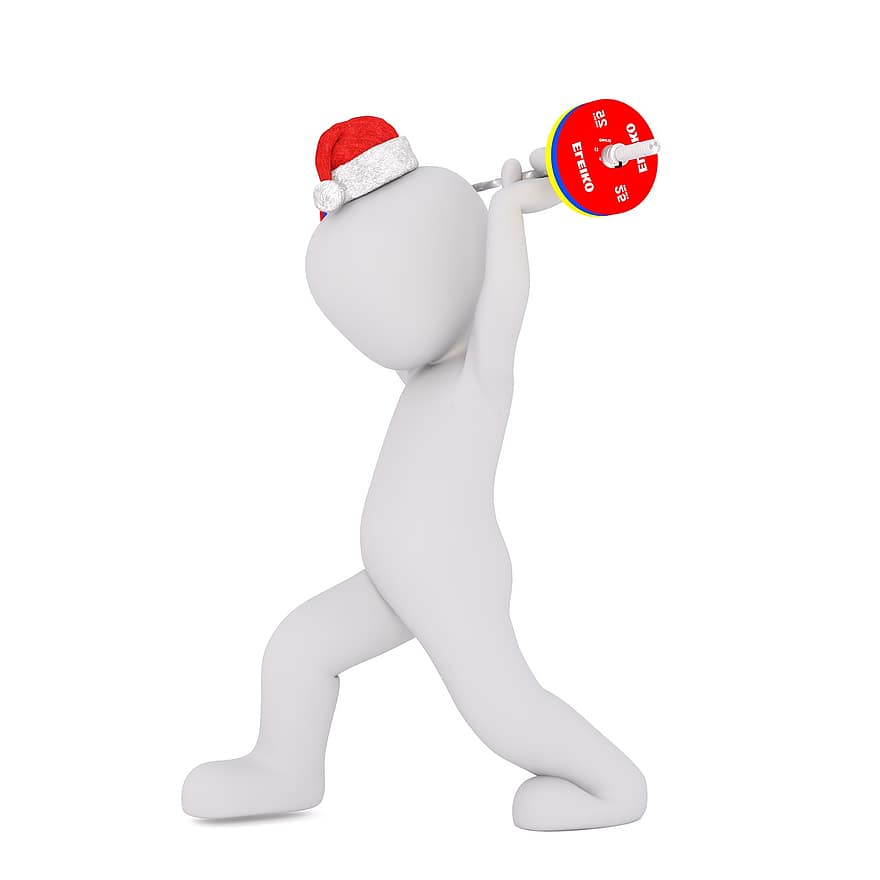 beyaz erkek, 3 boyutlu model, tüm vücut, 3d santa şapka, Noel, Noel Baba şapkası, 3 boyutlu, beyaz, yalıtılmış, ağırlık kaldırma, halterci