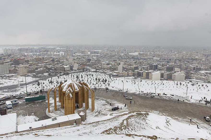 téli, hó, évszak, Qom, város, városi, Irán, világváros, városkép, jég, építészet