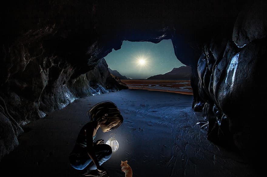 Fantasy, Girl, Cave, Hamster, Night, Moon, Light, Kid, Child, landscape, dark