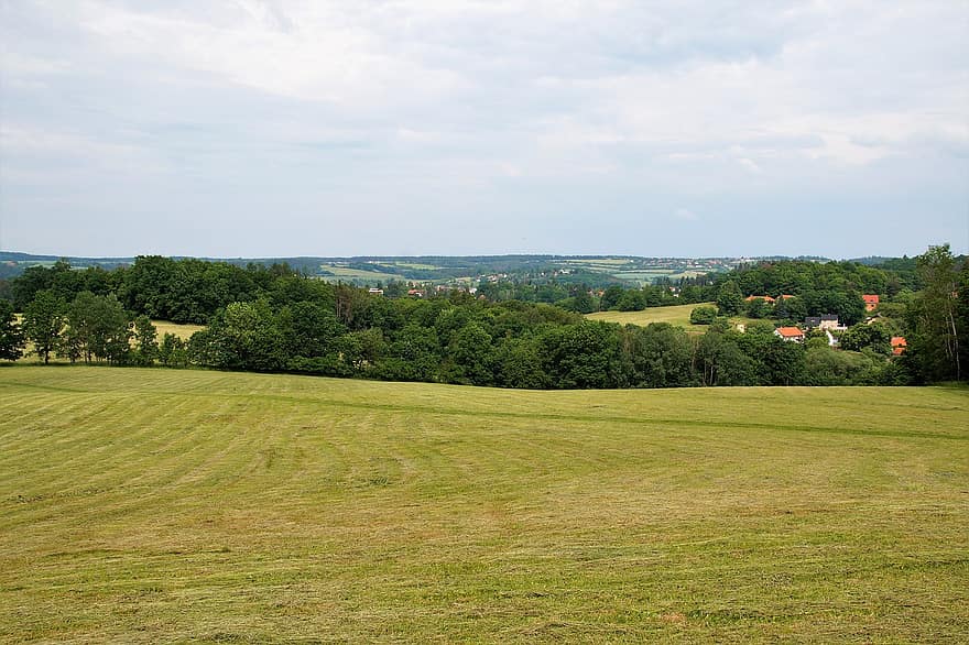 Field, Town, Landscape, Panorama, Trees, Meadow, Countryside, Nature, Scenery, Scenic, Central Bohemia