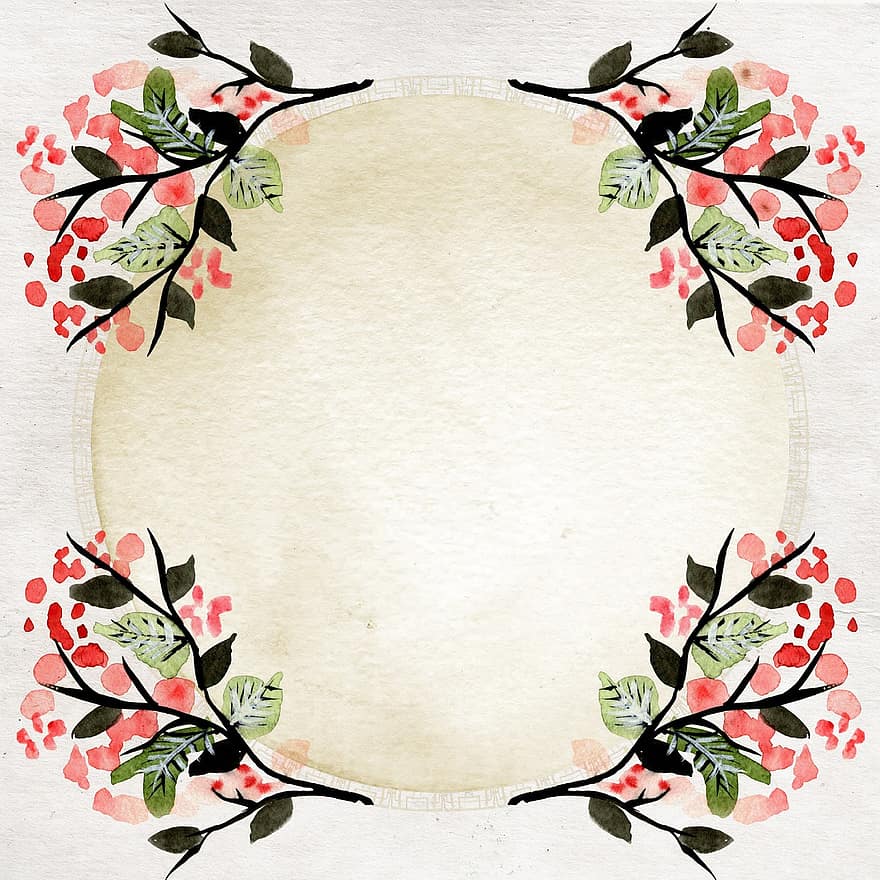 Hintergrund, Sammelalbum, Papier-, Rahmen, asiatisch, Blumen, Beige, rot, Grün, Seite, Aquarell