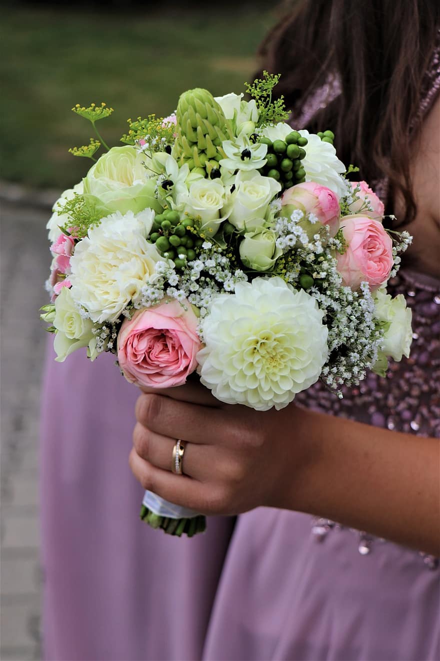 νυφη, νυφική ​​ανθοδέσμη, λουλούδια, άνθινος, floral ρύθμιση, γυναίκα, γάμος, αγάπη