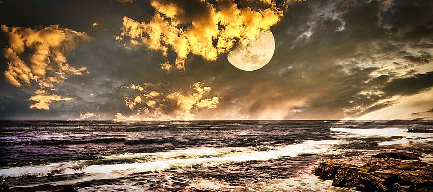пляж, море, Луна, горизонт, небо, облака, свет луны, волны, океан, воды, берег
