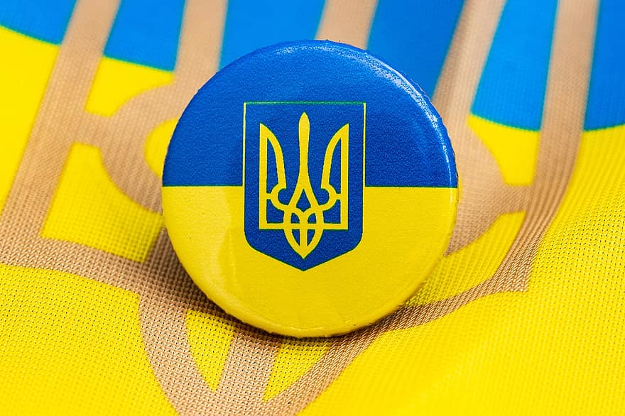 przycisk, flaga, Ukraina, symbol, herb, godło, logo, trójząb, patriotyzm, tła, zbliżenie