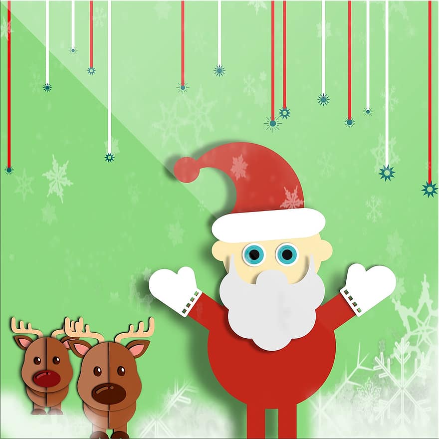 Natal, santa, rena, Vetor de natal, festivo, vermelho, verde, Rudolf, Vetor de renas, design plano, neve