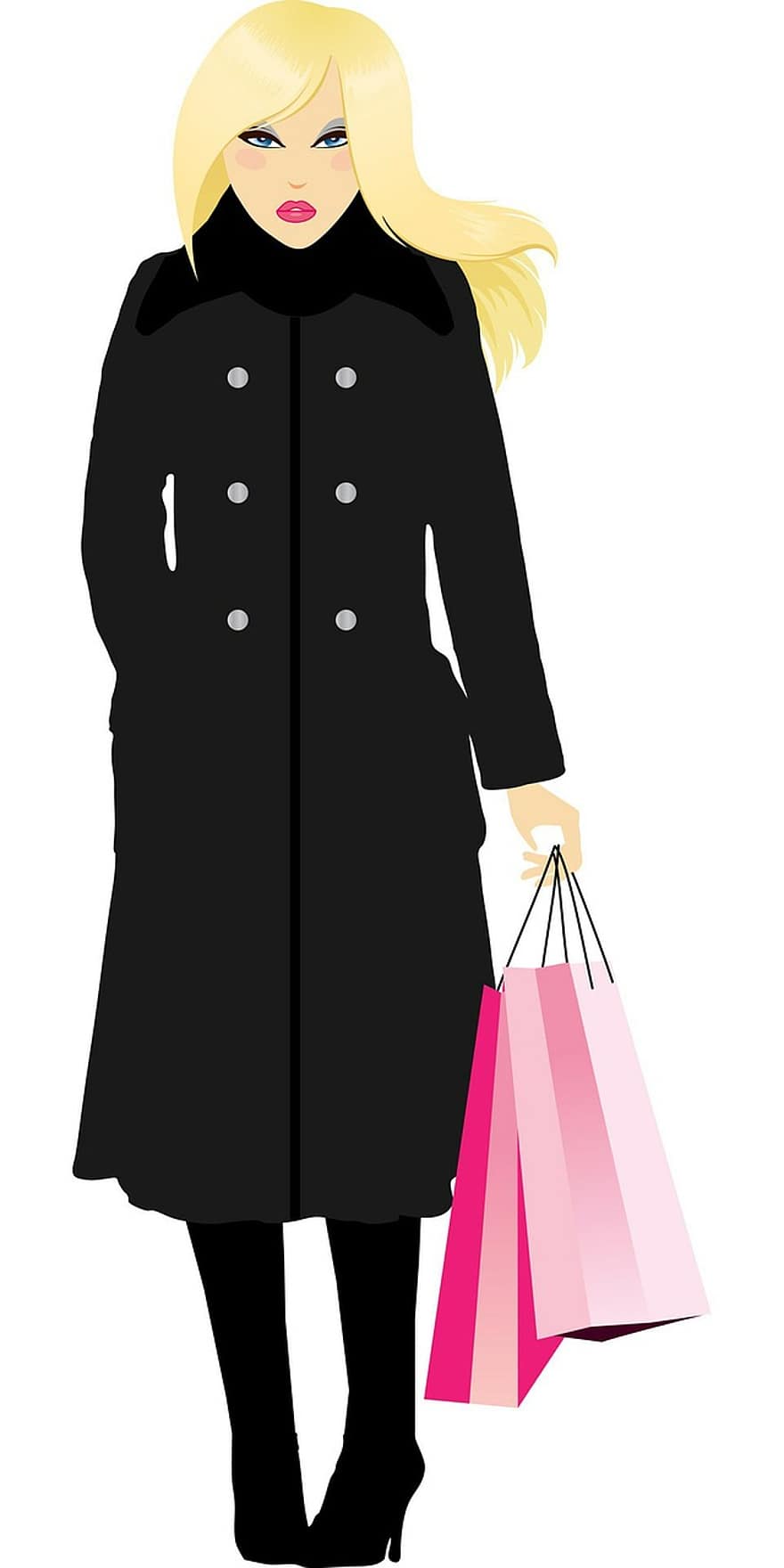 момиче, жена, дама, женски пол, пазаруване, пазарски чанти, черно, палто, графична колекция