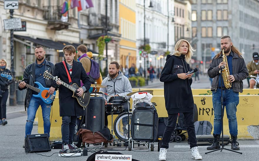 bånd, mennesker, gade, musik, spille, instrumenter, street performers, at vise, by, by-, saxofon