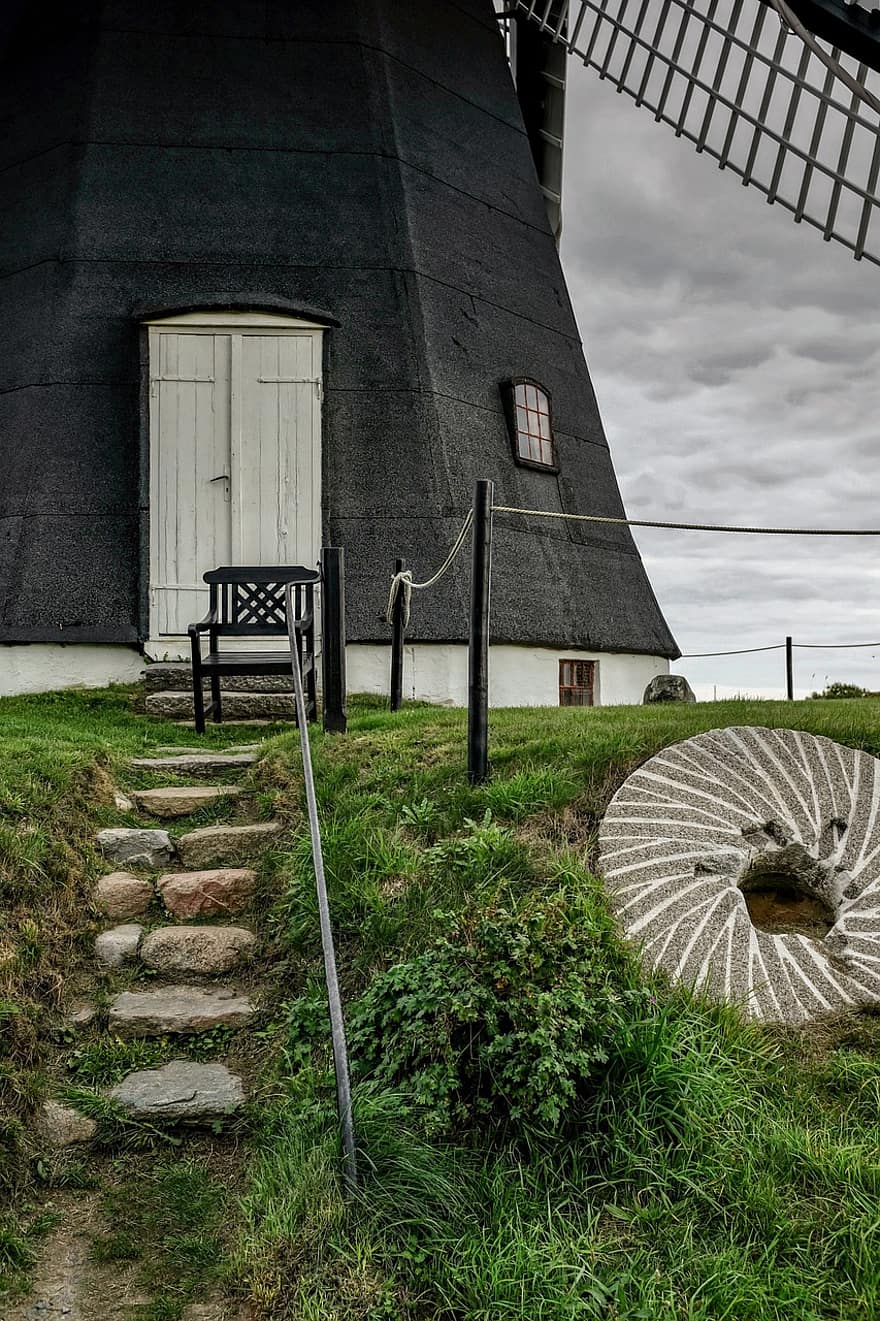 Moulin à vent, éolienne, côte, escalier en pierre, roue de moulin, l'énergie éolienne, Danemark