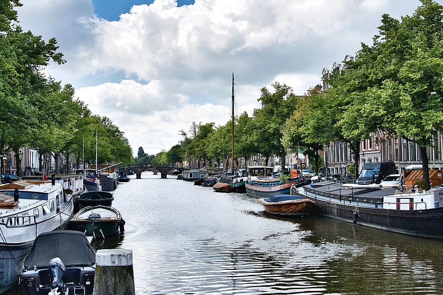 Амстердам, канал, лодки, град, narrowboat, кей, мост, воден път, градски, плавателен съд, вода