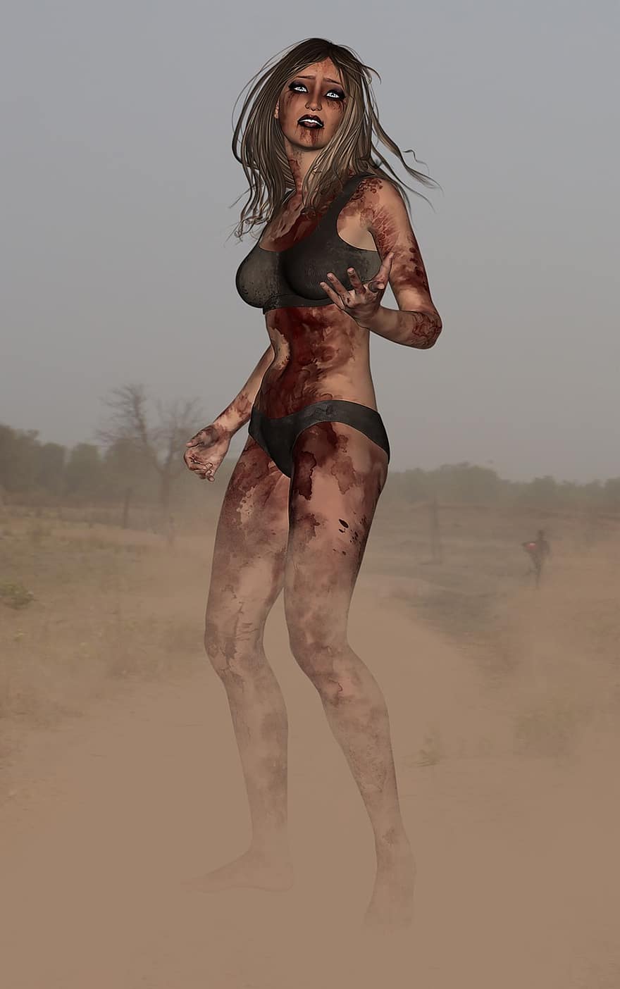 Dried Blood, Survivor, Disheveled, Walking, Dirt, Grime, Wound, Hurt, Horror, Confused, Woman