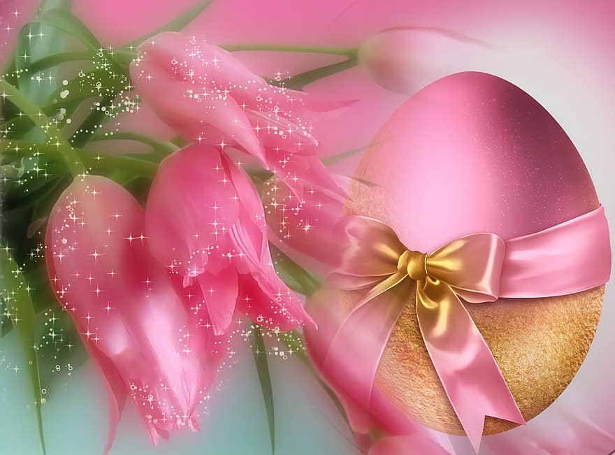 pääsiäismuna, tulppaanit, onnittelukortti, pinkki, nauha, kulta-, romanttinen, vaaleanpunainen väri, koriste, taustat, juhla