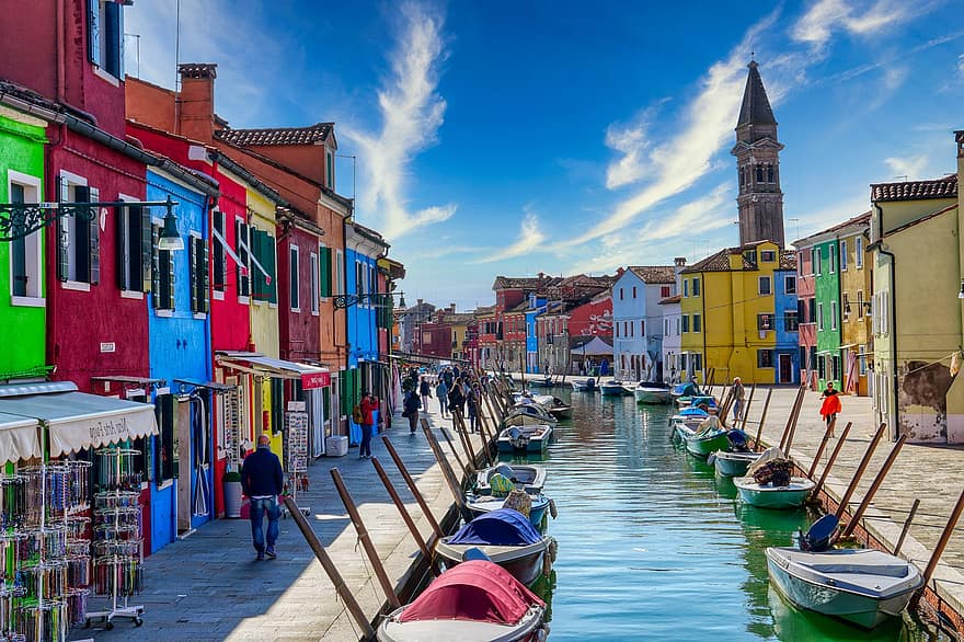 Olaszország, burano, csatorna, Velence, csónak, épületek, színes, színes épületek, sikátor, házak, színes házak