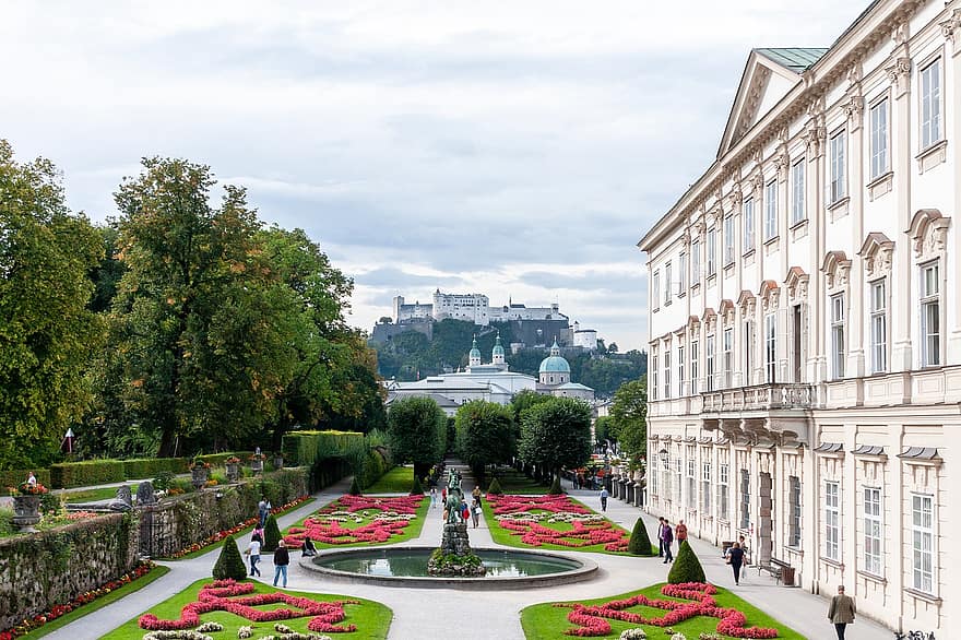 ミラベル、宮殿、庭園、オーストリア、ザルツブルグ、城、風景、噴水、パーク、ホーエンザルツブルク、要塞