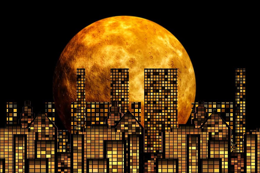 hold, felhőkarcoló, láthatár, telihold, éjszaka, építészet, város, városkép, absztrakt
