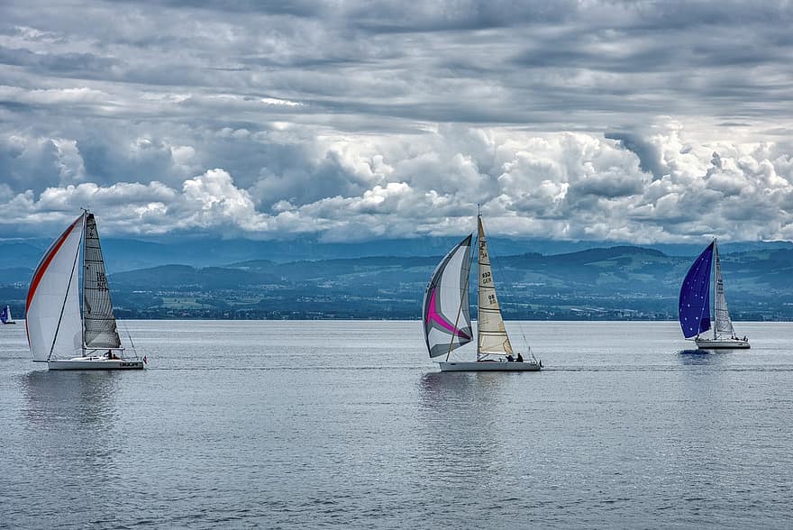 Sailing Boats, Sail, Headsail, Spinnaker, Lake Constance, Landscape, Waters, Holidays, Vacations, Lake, Clouds