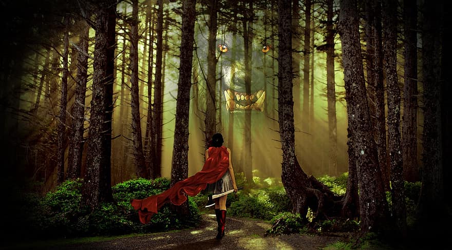 dongeng, Revisionis, kerudung merah, serigala, hutan, fantasi, cerita, jubah, merah, gadis, sepatu bot merah