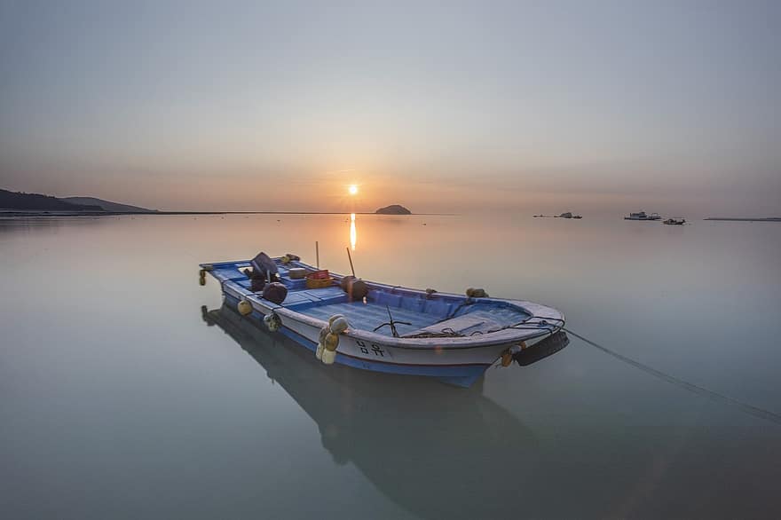 Ocean, Boat, Sunrise, Landscape, Nature, Lake, Serene, Dawn, Morning Mood, nautical vessel, water