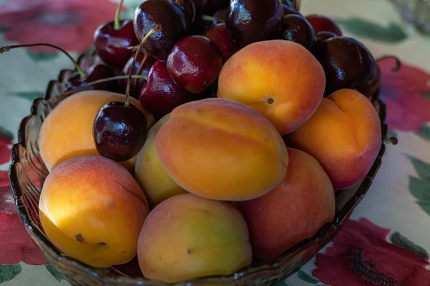 ovoce, třešeň, meruňky, jídlo, zdravý, čerstvý, výživa, svěžest, detail, zralý, list