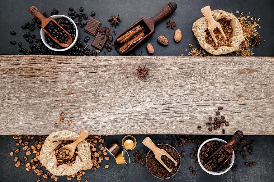 grains de café, pose à plat, Contexte, bois, arabica, des haricots, sol, rôti, boisson, aromatique, caféine