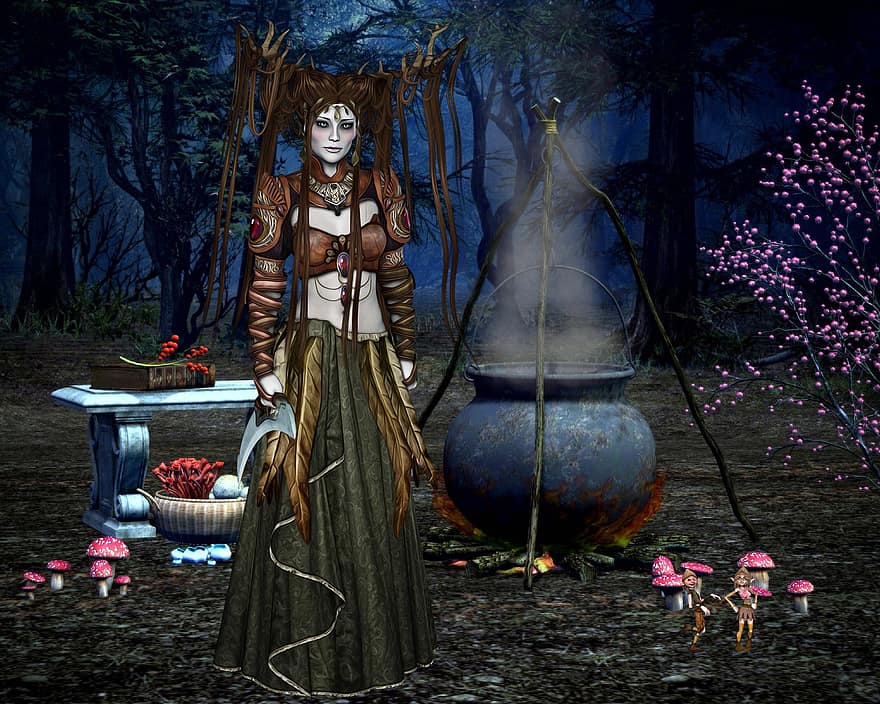 Hintergrund, Wald, Kessel, Hexe, Fantasie, weiblich, Charakter, digitale Kunst, Halloween, Frau, Kulturen