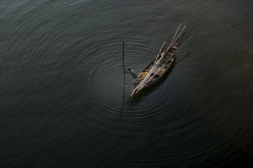 pescatore, lago, acqua, increspature, pesca, Vietnam, pesce, lavoro, mezzi di sussistenza, peschereccio, barca