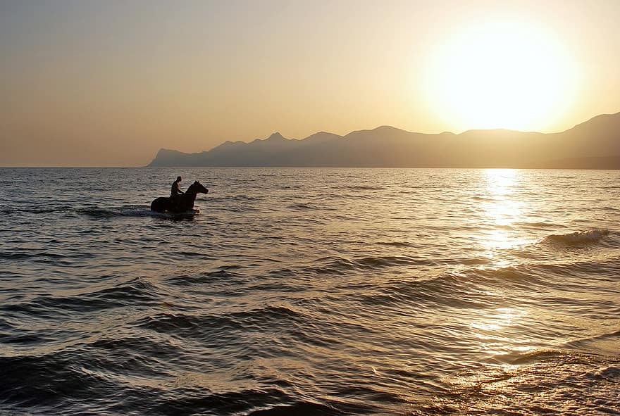 caballo, mar, puesta de sol, silueta, Dom, luz del sol, montar a caballo, equitación, paseo, animal, oscuridad