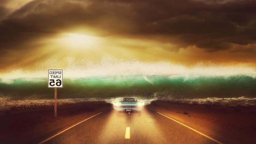 Fantasy, Highway, Tidal Wave, Clouded Sky, Storm Clouds, Sunshine, Speed Limit, Street Sign, Convertible, Escape, Spot Light