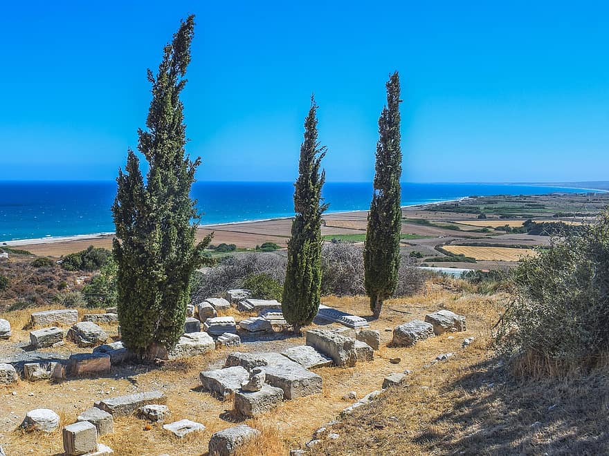 廃墟、発掘、文明、残る、海、キプロス、考古学、歴史的な、風景、風光明媚な、ギリシャ語