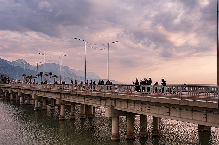 insanlar, Balık tutma, köprü, erkekler, nehir, balıkçılar, hobi, konyaalti, Antalya, Su, gün batımı
