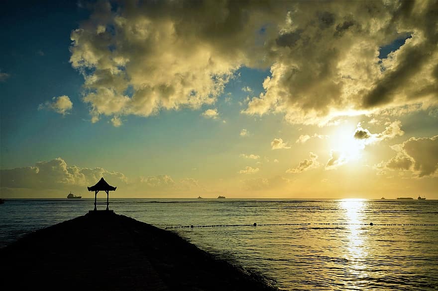 wschód słońca, plaża, Plaża Benoa, wyspa Bali, ocean, sylwetka, Wybrzeże, woda, Natura, słońce, światło słoneczne