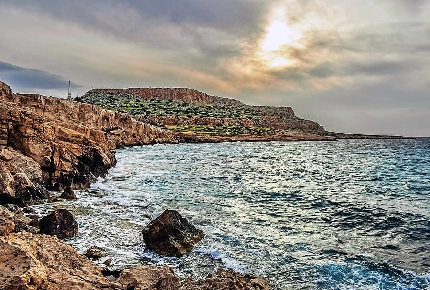 tenger, tengerpart, cape greco, Látvány, tájkép, természet, cavo greko, Ciprus, sziget, szikla, víz