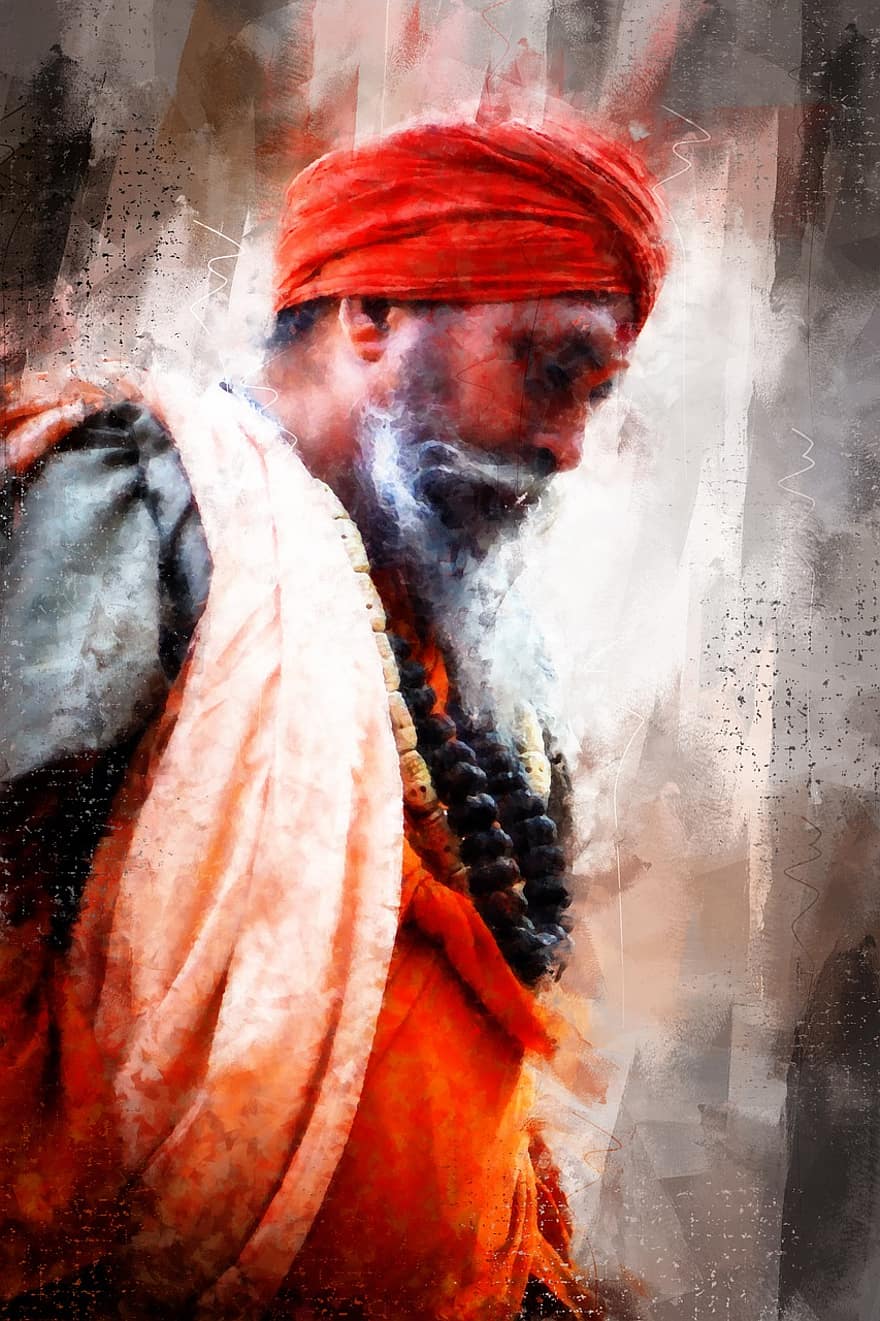 člověk, Indie, Hind, portrét, muž, mužský, vousy, turban, osoba, starý, digitální malba