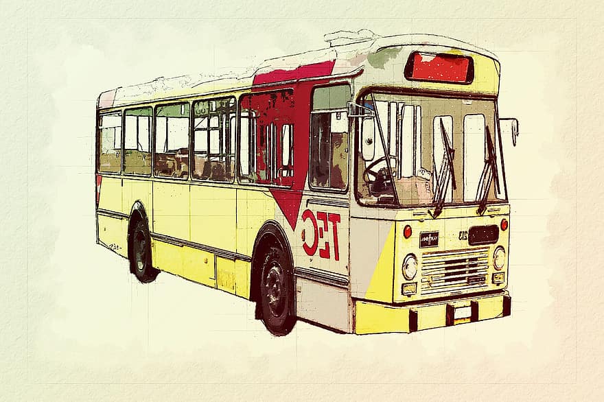 bussi, klassikko, ajoneuvo, autobus, juliste, maalaus, moottori, piirustus, kuljetus, auto, liikennemuoto