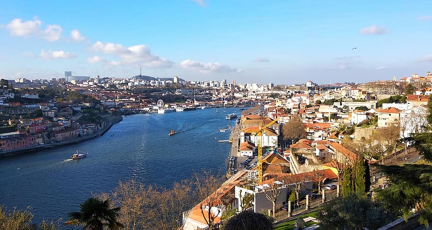 kikötő, Portugália, város, folyó, híd, idegenforgalom, építészet, Európa, épület, hajó, kép