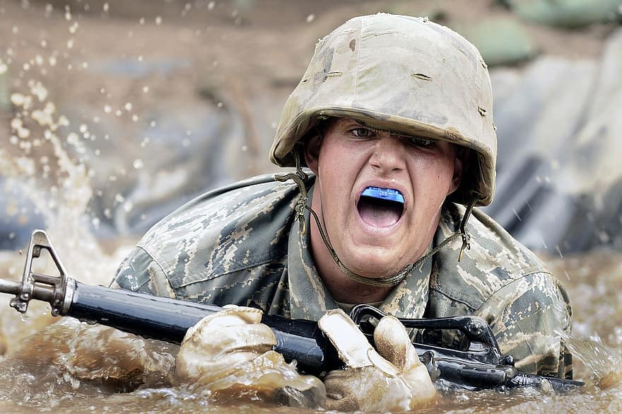 Man, Cadet, Military Training, Military Education, Military, Soldier, Rifle, Weapon, Drenched, Gumshield