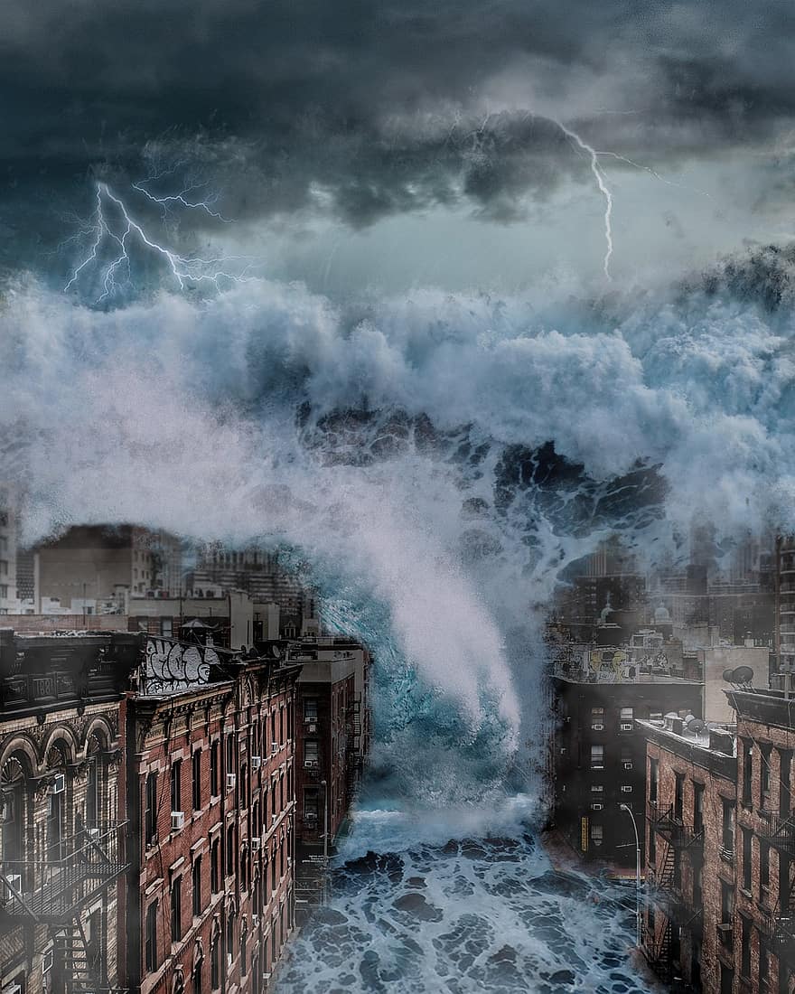 cunami, város, árvíz, épületek, hatalmas hullámok, vihar túlfeszültség, vihar, villám, mennydörgés