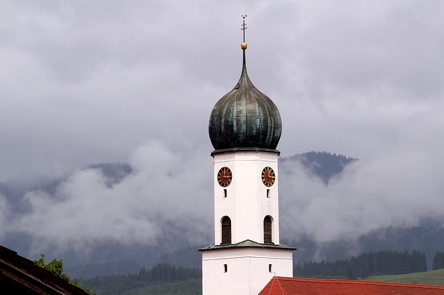 Chiesa, campanile, Campanile della chiesa nella nebbia, Baviera, allgäu, Chiesa cattolica, architettura, montagne, nebbia, cristiano, cappella