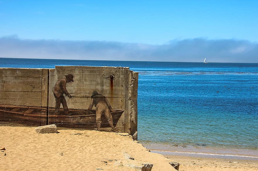 muurschildering, boot, strand, kunst, monterey, Californië, water, schilderij, oceaan