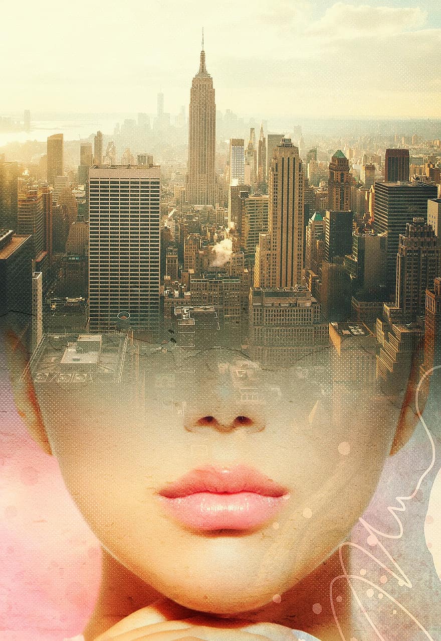 здания, небоскребы, Нью-Йорк, линия горизонта, заход солнца, лицо, женщина, губы, Изобразительное искусство, цифровое искусство, природа