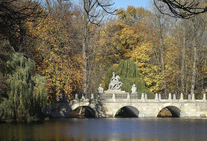park, brug, rivier-, Warschau, herfst