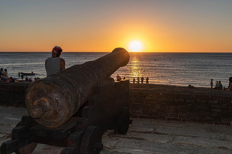 canhão, arma, antigo, monumento, por do sol, de praia, lugar famoso, guerra, história, crepúsculo, viagem
