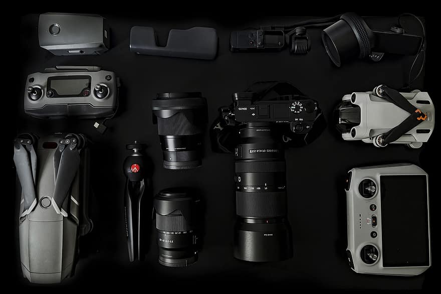 equipament, equip de fotografia, material de rodatge, Equip de rodatge, drone, gadgets, càmera, equipament gràfic, tecnologia, lent, instrument òptic